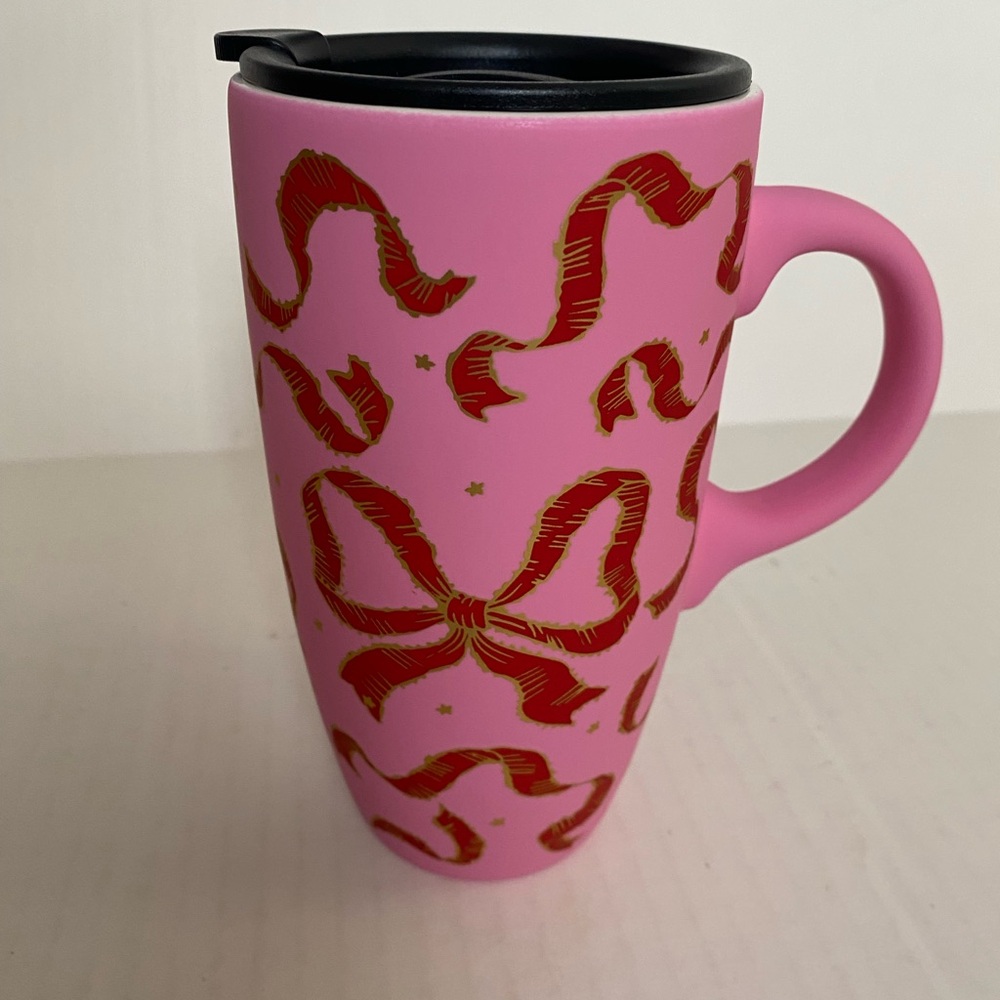Petal & Pearl Travel Mug Pink with Red and Gold Bows New Without Tags